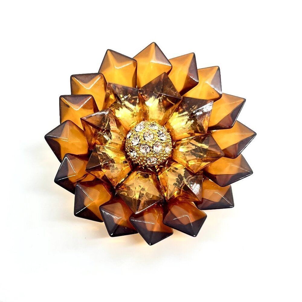 VINTAGE MONET FLOWER BROOCH Amber Color Gold Tone Rhinestone Statement Pin